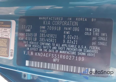 2024 Kia Ev9 Gt-Line z USA, uszkodzony, nr VIN KNDAEFS51R6027199